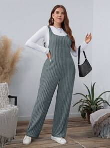 SHEIN LUNE Plus Size Shaggy Ribbed Jumpsuit Pants For Women Holiday Outfit - Dark Grey - View 4