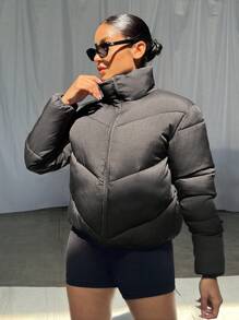 SHEIN Simple Solid Color Stand Collar Thick Padded Sports Jacket For Autumn/Winter - Black - View 4