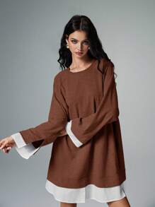 Poéselle Sweat-shirt ample en fausse fourrure, 2 pièces, col rond, manches raglan longues, ample, pour le printemps et l'automne, vêtements pour femmes, robes décontractées pour femmes, couleur unie