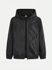 Girls Windbreaker Jacket, Water-Resistant, Hooded Loose Fit Bomber Jacket With Print On Back, Spring & Autumn - Black - View 3