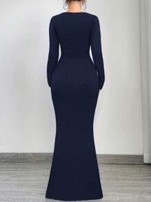 SHEIN SXY Vestido largo de mangas largas con cuello cuadrado brillante, cintura fruncida y ajustado, elegante y glamoroso, apropiado para citas, reuniones, cumpleaños y fiestas