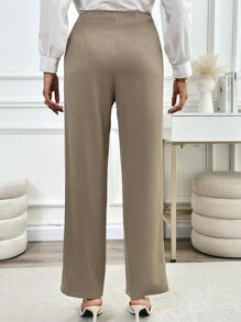 SHEIN Clasi Elastic Waist Straight Leg Trousers For Women, High-Waisted Casual Wide Leg Pants For Spring & Autumn