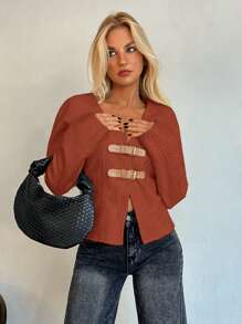 Aloruh Women's Buckled Casual Open Front Raglan Sleeve Jacket, Autumn/Winter - Red - View 4