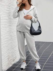 SHEIN 2 件孕妇套装 - 纯色前拉链长袖连帽衫上衣和裤子，休闲 - 灰色 - 查看 3