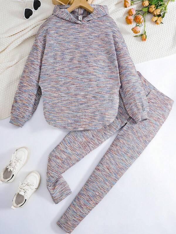 SHEIN 2 peças/conjunto de moletons e leggings coloridos para meninas adolescentes, moletom de malha texturizado casual com bainha arqueada e calças elásticas, confortável para uso ao ar livre e em casa