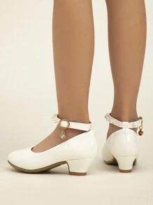 Pantofi de rochie albi pentru fete noi, pantofi cu toc inalt cu bretele perle pentru petrecere, performanta, nunti - alb - Vizualizare 2