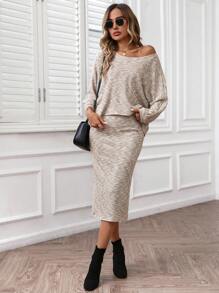 SHEIN LUNE Set de 2 piezas con top de manga larga y falda casual y cómodo, adecuado para otoño/invierno