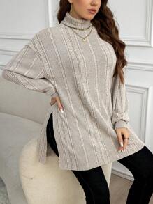 SHEIN LUNE Plus Size Turtleneck Long Sleeve Simple T-Shirt, Casual Everyday Wear Plus Size Fall Clothes, For Winter