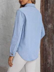 SHEIN LUNE Women's Casual Ruffle Trim Button Front Denim Blouse, Autumn - Blue - View 2