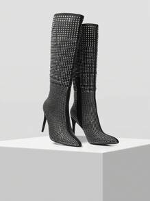 MOTF PREMIUM WOMEN'S FASHION RHINESTONE HIGH HEEL POINTED KNEE-HIGH BOOTS FOR CHRISTMAS AND NEW YEAR HOLIDAY VIBE FALL AND WINTER - Black - View 9