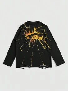 ROMWE MEN Street Life Men's Eye Print Long Sleeve T-Shirt, Casual Everyday Wear For Autumn - Black - View 1