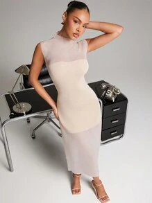 Hauture 优雅拼布无袖针织毛衣连衣裙 - 珊瑚粉 - 查看 1