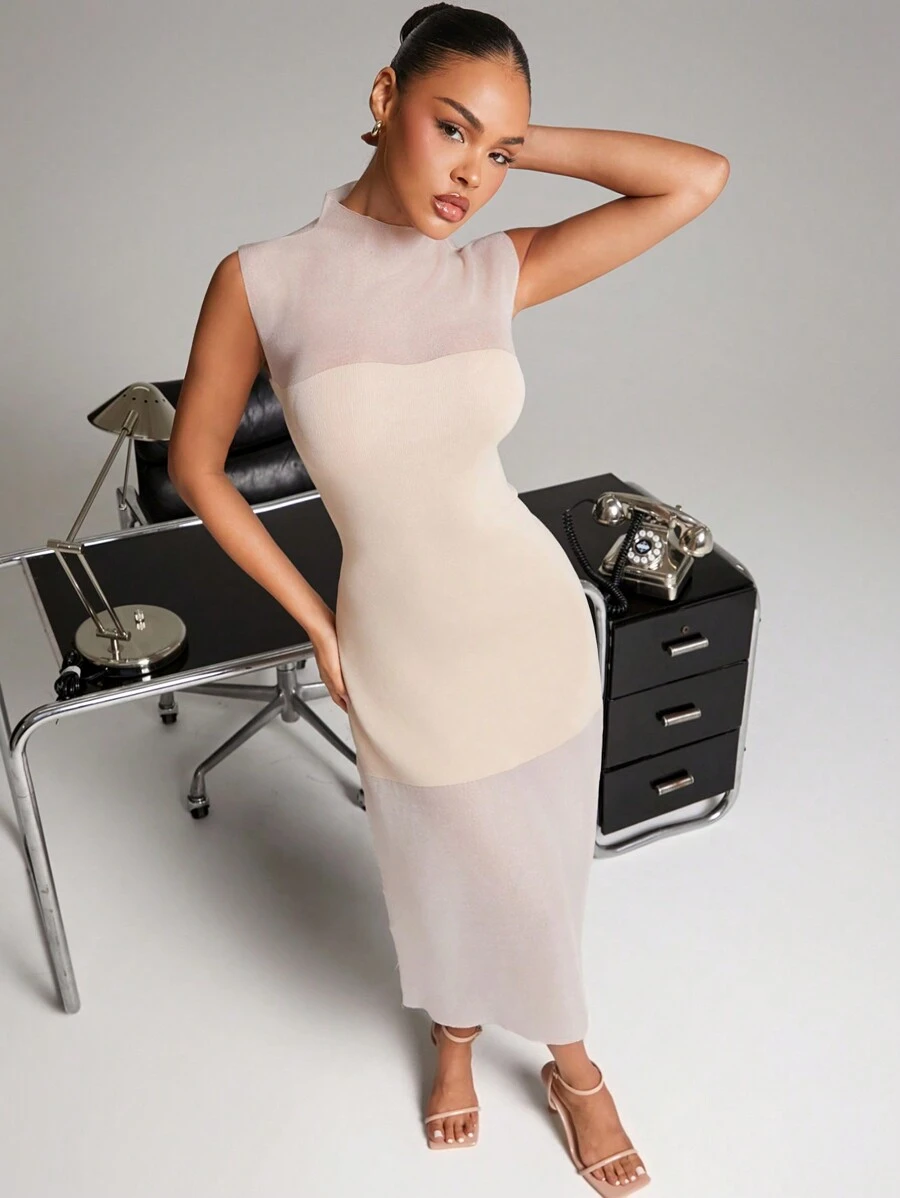 Hauture 优雅拼布无袖针织毛衣连衣裙 - 珊瑚粉 - 查看 1