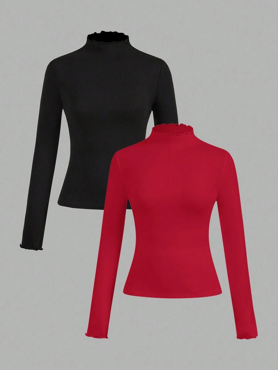SHEIN EZwear 2pcs Black & Red Casual Tight Fit Long Sleeve T-Shirts, Autumn/Winter,Fall Tops