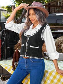 SHEIN VCAY Chaleco informal de mujer con cuello redondo, un botón y bolsillo, a rayas, para otoño