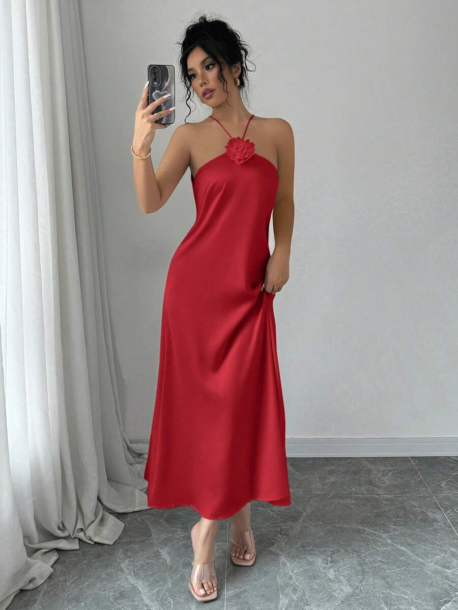 Selianne 优雅吊带领 3D 花卉装饰束腰缎面长裙新年服装长款女装 - 紅色 - 查看 1