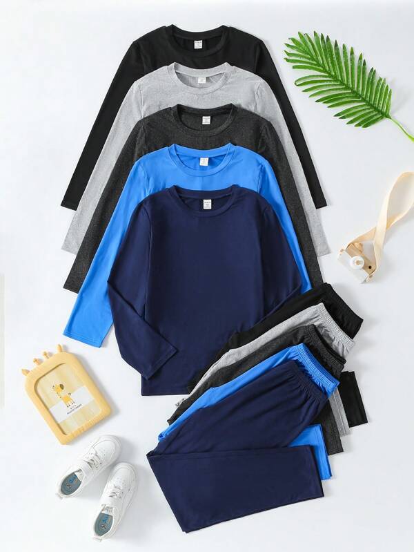 Set de 5 piezas con camiseta de cuello redondo cómoda y cálida, y pantalones de pierna recta para niño preadolescente