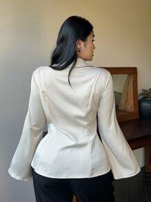 Flirla Plus Size Waistline Ruffle Cuff Satin Blouse Women Shirt - Apricot - View 2