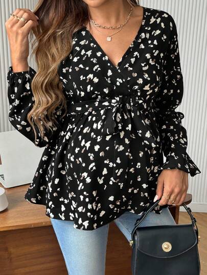 SHEIN Koszula ciążowa z nadrukiem w całości i rękawami typu latarnia, jesień