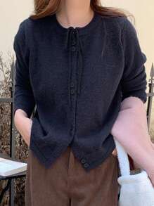 DAZY 女士纯色前扣长袖系带简约衬衫，休闲日常穿着，秋季女装女式毛衣 - 藏蓝色 - 查看 5