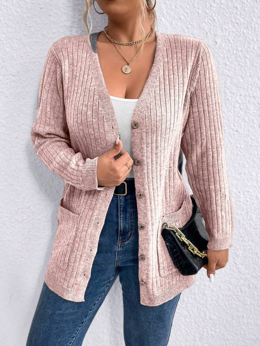 SHEIN LUNE 大码女式纯色长袖单排扣口袋休闲开衫，秋冬 - 粉色 - 查看 1