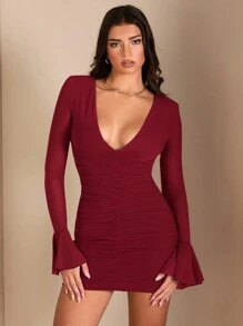 SHEIN BAE Women's Autumn Long Sleeve Deep V-Neck Ruffle Pleated Sexy Party Date Night Dress For Events