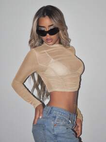 SHEIN ICON Mock Neck Ruched Mesh Perspective Crop Top Without Bra - Apricot - View 4