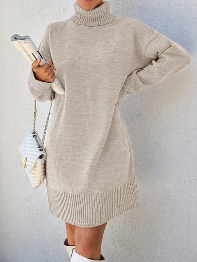EURMUSE Women's Solid Color Turtleneck Long Sleeve Mini Dress, Casual Minimalist Style For Everyday Wear