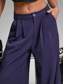 Hauture 秋季女装，女士海军蓝纯色优雅阔腿高腰裤，带褶腰和口袋。适合晚会、办公室着装、商务休闲装、正式女装、外出、日常着装、商务休闲女装、商务女装 - 藍色 - 查看 4