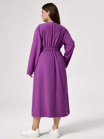 TaskEZ Vestito casual a spostamento a maniche lunghe con scollo a V e tasche, in colore tinta unita, taglie comode