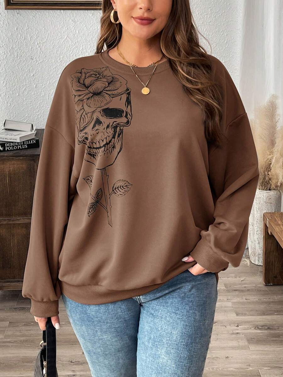 SHEIN LUNE 秋冬大码女式骷髅印花落袖休闲宽松万圣节服装卫衣 - 摩卡棕 - 查看 1