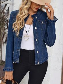 SHEIN Tall 女式前扣口袋休闲长袖牛仔夹克