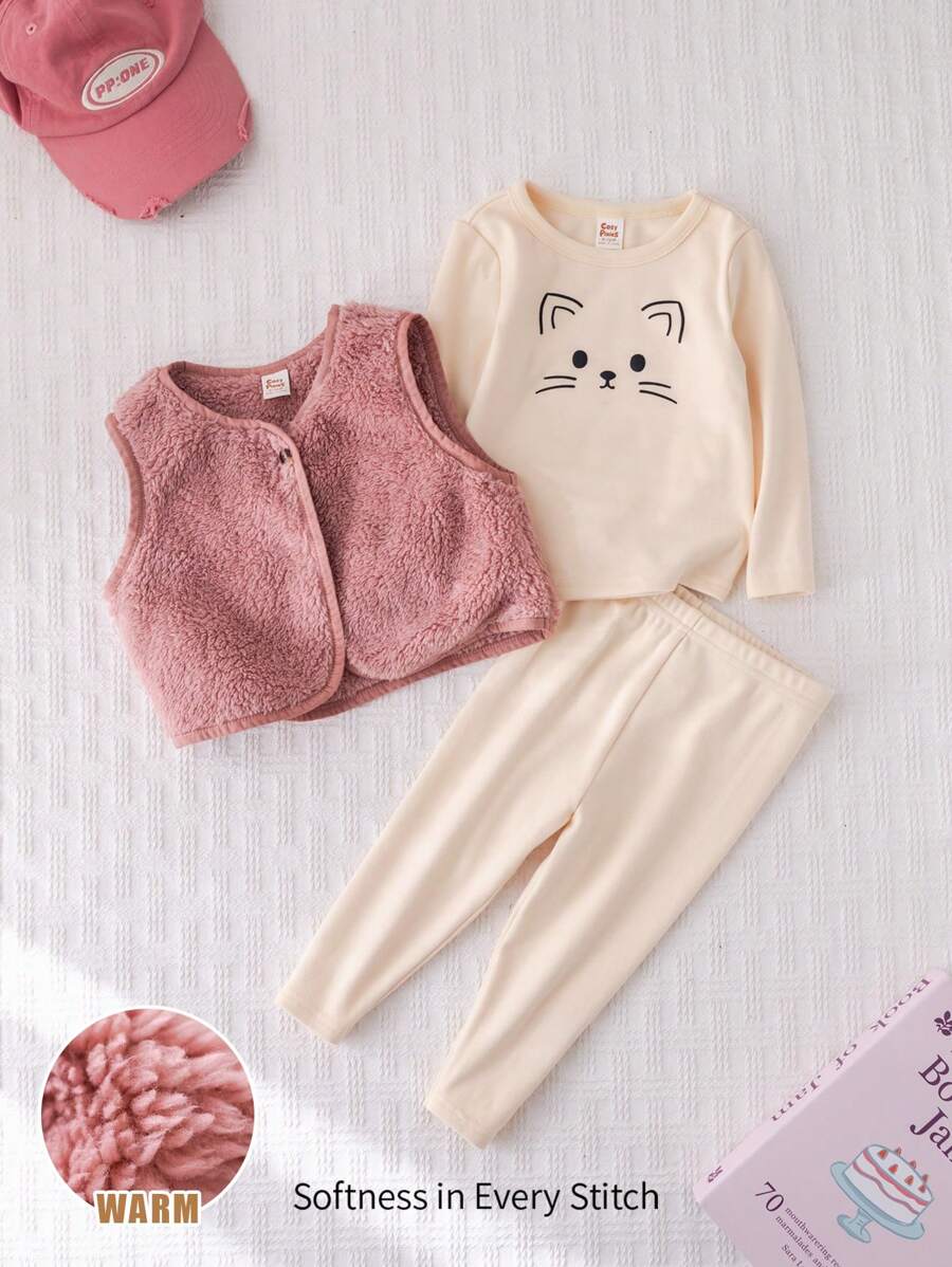 Cozy Pixies Bộ 3 món/Bộ áo nỉ dài tay cổ tròn họa tiết mèo hoạt hình ấm áp mùa đông cho bé gái, quần dài màu trơn cạp chun và áo vest nhung không tay - Nhiều màu - Xem 1