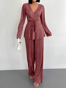 EURMUSE Bộ 2 món/Bộ đồ ngủ đơn giản cho nữ, áo dài tay buộc dây phía trước và quần dài - Bụi hồng - Xem 3