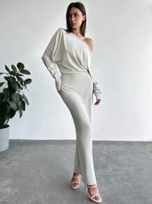 Aloruh Vestido largo de unicolor con cintura y hombro asimétrico, adecuado para vacaciones, citas y salidas, otoño/invierno