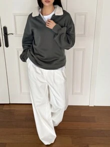 DAZY Sudadera de mujer con inserto de peluche, cuello de sherpa, cálido para el otoño - Gris Claro - Ver 3