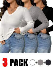 SHEIN EZwear 3pcs Plus Size Women's Fuzzy V-Neck Pullover Sweater, Fall/Winter Knitwear Collection In White, Gray And Black - Multicolor - View 1