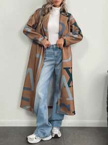 SHEIN LUNE Women Letter Pattern Lapel Collar Long Sleeve Longline Casual Overcoat, Autumn/Winter