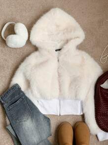 Comfortcana Veste décontractée en fourrure femme, couleur unie, manches longues, à capuche, avec zip, pour l'automne/l'hiver