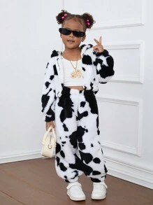 SHEIN Leap Crew Young Girl Cute & Casual & Vintage 2pcs Cow Print Hooded Teddy Jacket & Pants Outfits, Warm And Comfortable Long Sleeve, Great For Casual & Daily Wear & School Daily & Home Wear In Autumn & Winter, For Christmas - Black and White - View 7
