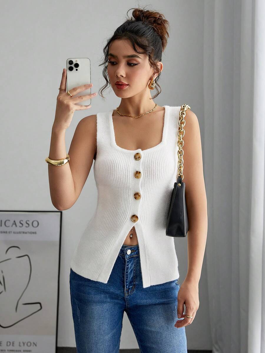 SHEIN Frenchy 女士休闲纯色方领单排扣修身针织背心 - 杏色 - 查看 1