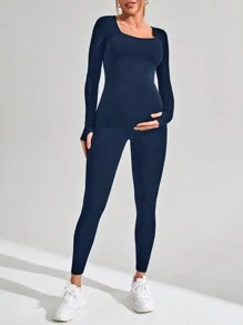 SHEIN Gravida kvinnor Enkel enfärgad långärmad passformad ribbad jumpsuit, för gravida kvinnor - Marinblå - Visa 4