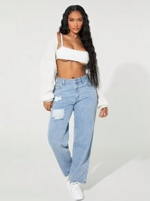 SHEIN SXY Women Button Front Pocket Distressed Casual Denim Jeans, Everyday Wear