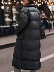 EURMUSE Solid Thick Long Puffer Coat, Stand Up Collar, Keep You Warm And Fashionable, Big Padding - Black - View 2