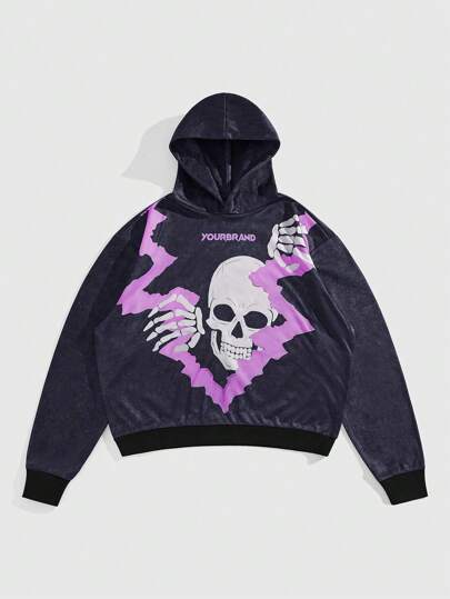 Street Life Men Casual Letter Skull Graphic Long Sleeve Hoodie Sweatshirt, Autumn