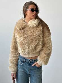 Aloruh Faux Leather Jacket With Plush Lining, Turndown Collar, Zip Up Closure, Versatile Shorts, Suitable For Autumn/Winter