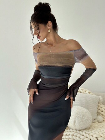 Firerie Elegantes Batik Farbverläufe Muster Off-Shoulder Langkleid für den Herbst