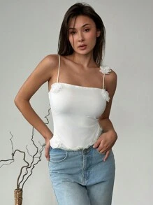 Aloruh 1pc 3D Floral Romantic Date Night White Long Sleeve Bodysuit For Women