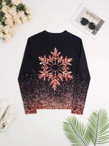 Glitter Top Dames Ronde Hals Lange Mouw T-shirt Met Verloop Sneeuwvlok Print, Casual Nieuwjaarsfeestkleding, Herfst/Winter