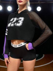 Cheerettes Áo nỉ trùm đầu in họa tiết sọc và số màu tương phản lưới ghép nối có dây rút cho nữ - Màu tím - Xem 3